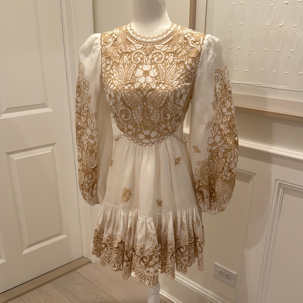 Zimmerman Jeannie Embroidered Linen mini dress in White and Gold - Picture 5 of 12